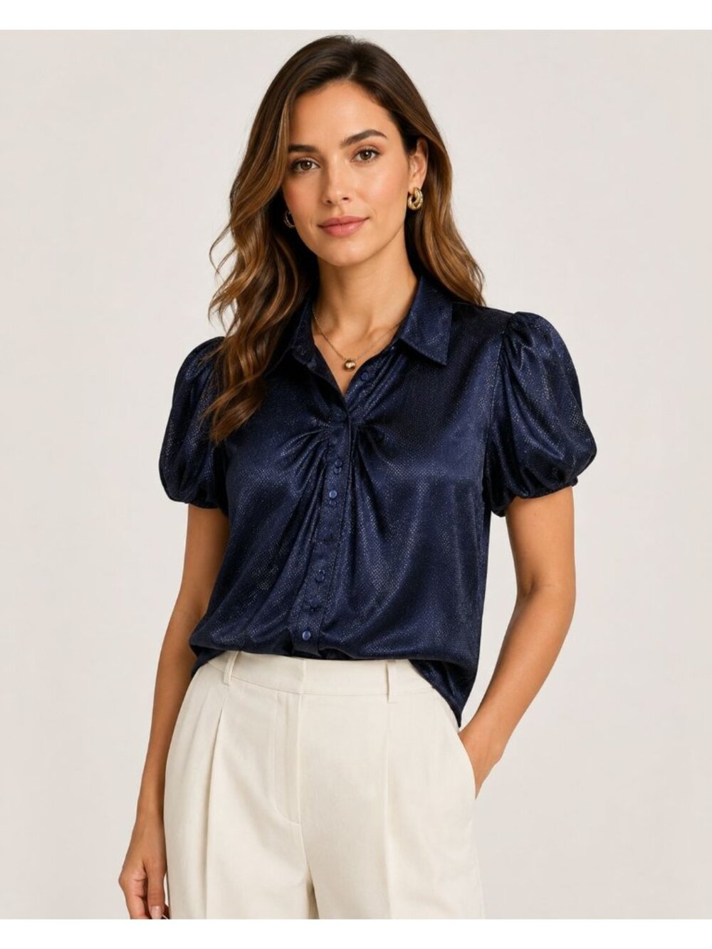 Armani Collezioni Women  Button Up Blouse W/ Short Puff Sleeves Silk Navy Size 6